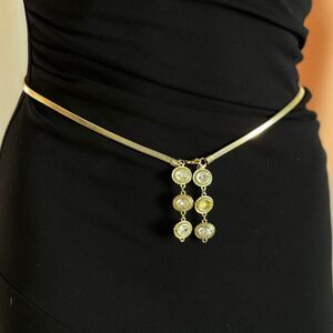 Vintage 1970s Gold Waist Chain Belt Disco Medallion Crystal Drop Stretch 25"